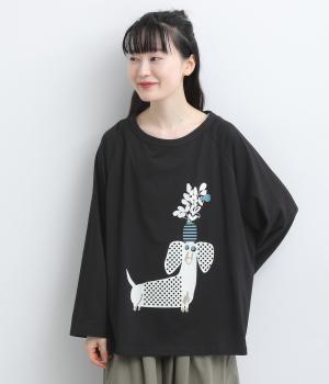 花瓶支えるDOG　プリントラグランTシャツ（ブラック・F）