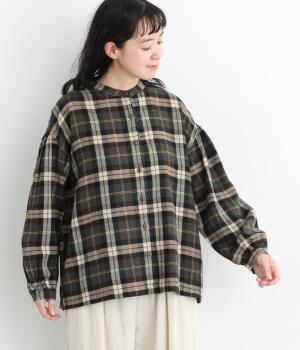 ワイドチェック　ふんわり袖シャツ（カーキ・F）