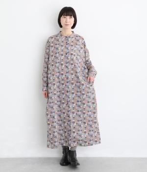切手プリントロングワンピース（グレー・F）
