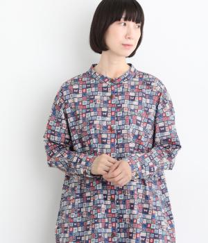切手プリントロングワンピース（ネイビー・F）