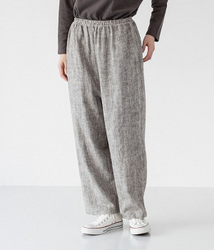 ラミーコットンヘリンボーン スラウチもんぺパンツ(ブラウン-1)