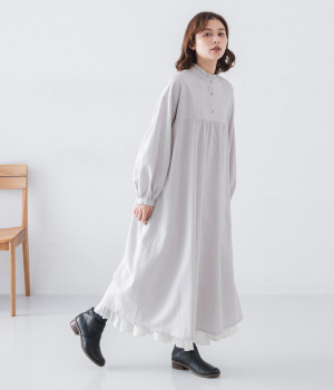 コットンリネン　フリル襟2WAYワンピース(ライトグレー-ONESIZE)