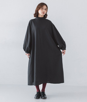 コットンリネン　フリル襟2WAYワンピース(ブラック-ONESIZE)