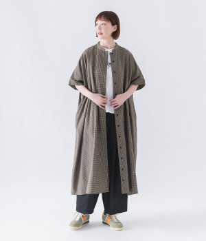 ギンガムチェック くるみボタンワンピース(ベージュ×ブラック-ONESIZE)