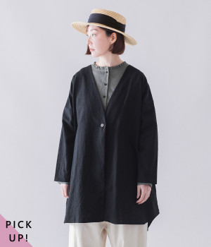 リネンコットン ロング羽織りジャケット(ブラック-ONESIZE)