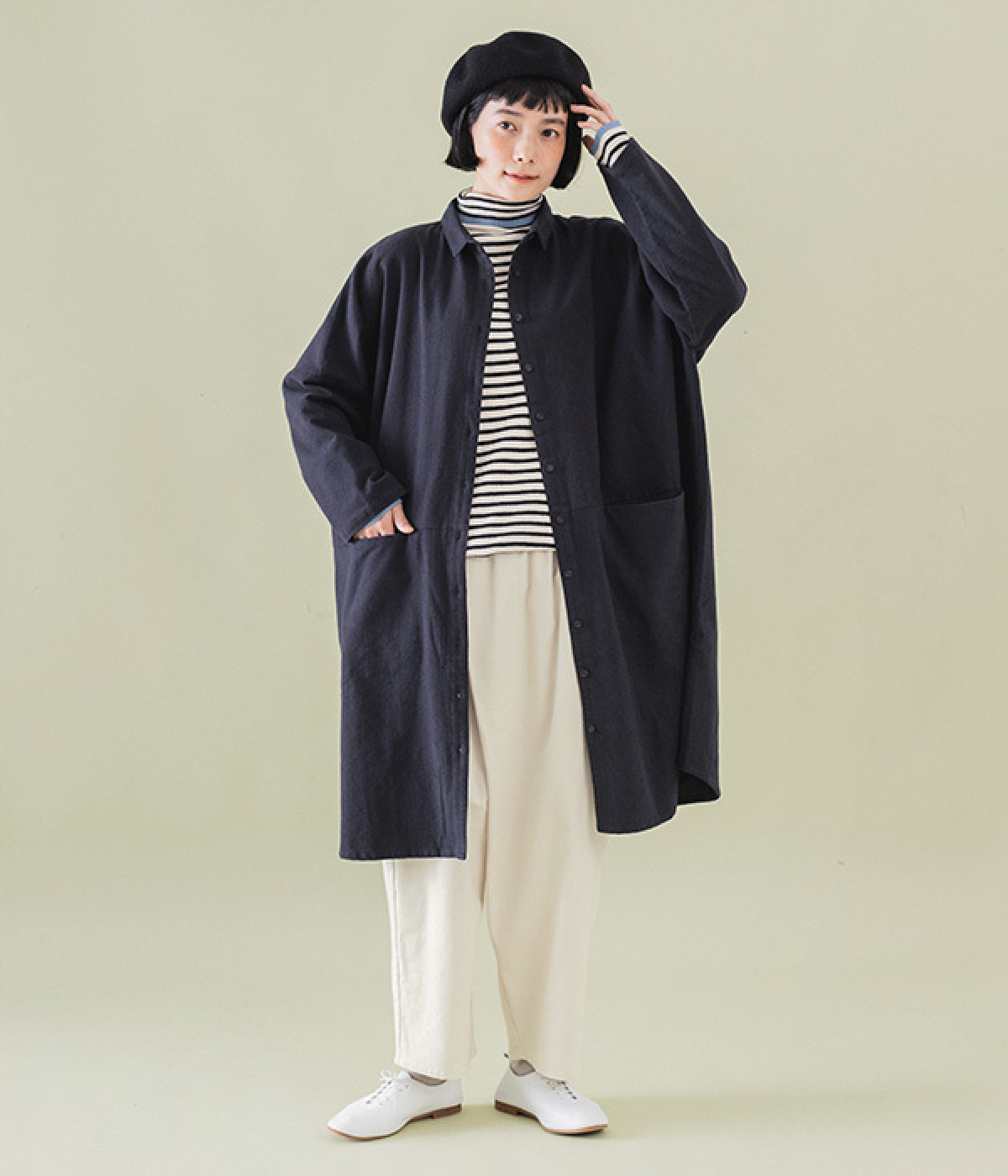 起毛コットン　シャツチュニック(ネイビー-ONESIZE)