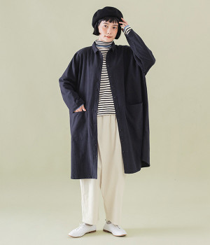 起毛コットン　シャツチュニック(ネイビー-ONESIZE)