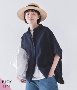 平織リネン100％チビ襟ブラウス(ネイビー-ONESIZE)