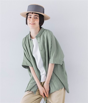 平織リネン100％チビ襟ブラウス(グリーン-ONESIZE)