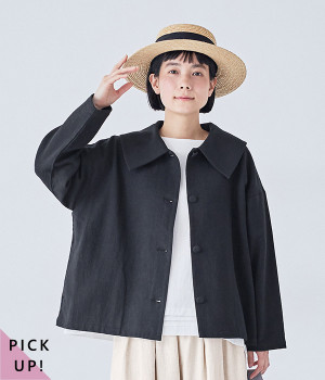リネンコットンワイドカラージャケット(ブラック-ONESIZE)