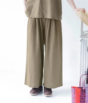 コットンリネン タックワイドパンツ(カーキブラウン-ONESIZE)