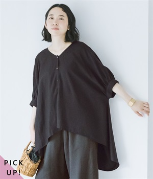 ドルマンスリーブVネック前後差ブラウス(ブラック-ONESIZE)