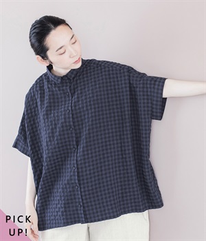 ギンガムチェックチビ襟ブラウス(ネイビー-ONESIZE)