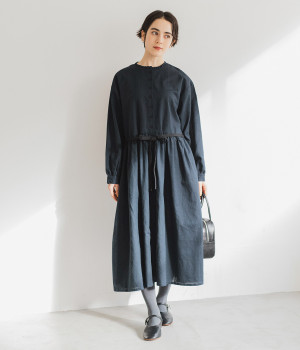 コットンリネンフリル襟ワンピース(ネイビー-ONESIZE)