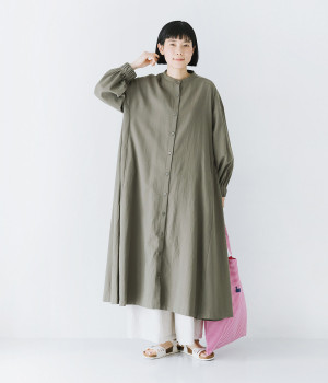 コットン 袖ゴムバンドカラーワンピース(カーキ-ONESIZE)