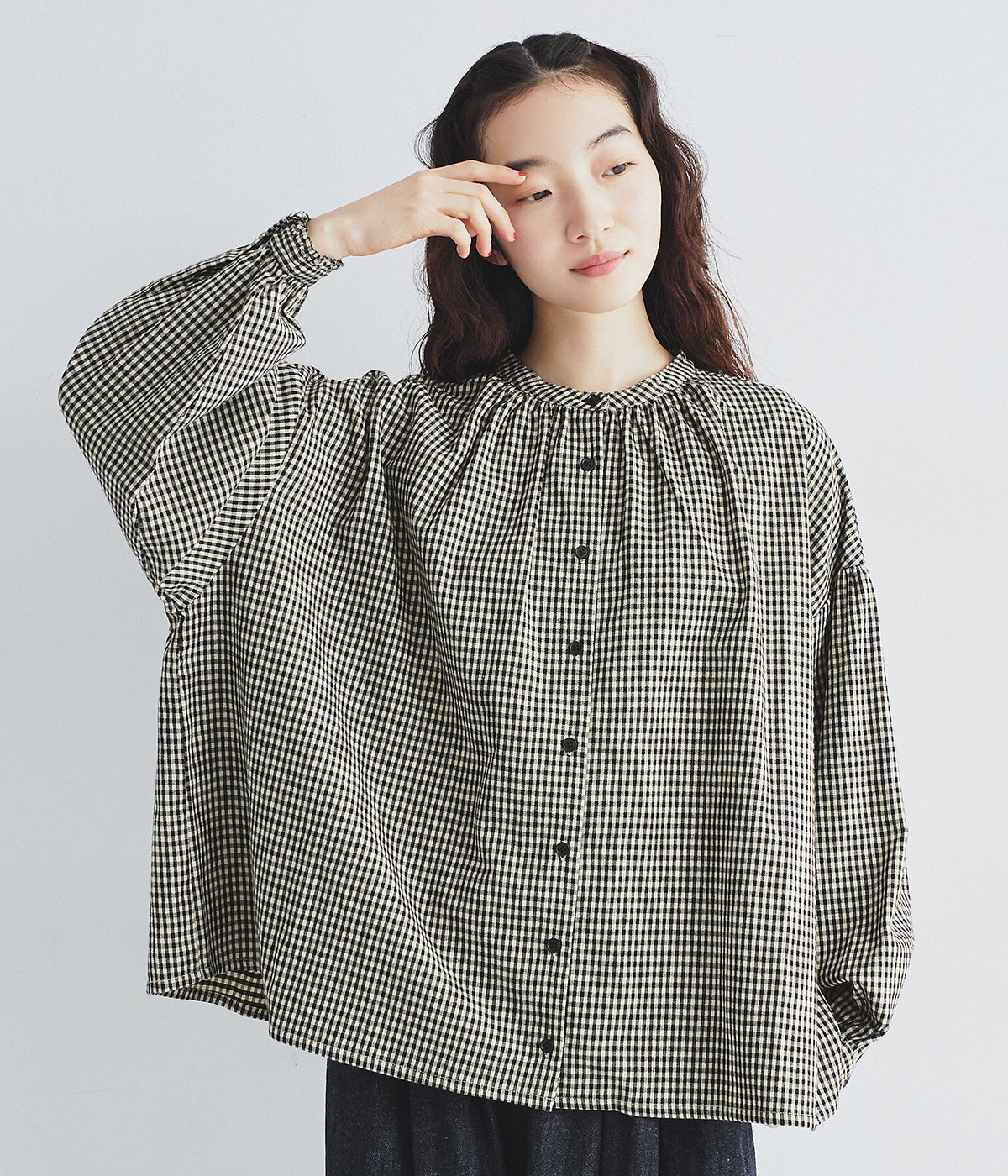 起毛ギンガムブラウス(ホワイト-ONESIZE)