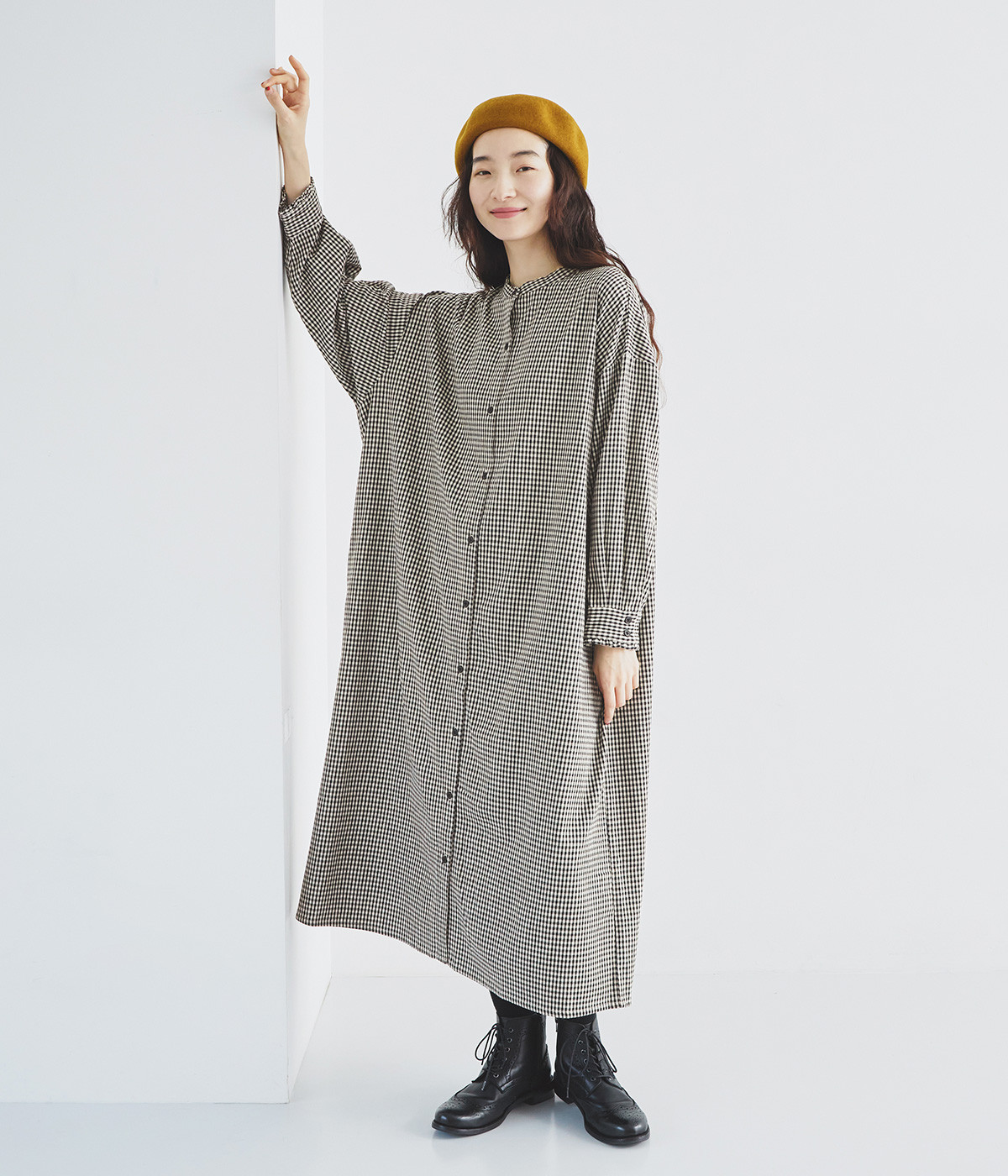 起毛ギンガムワンピース(ホワイト-ONESIZE)