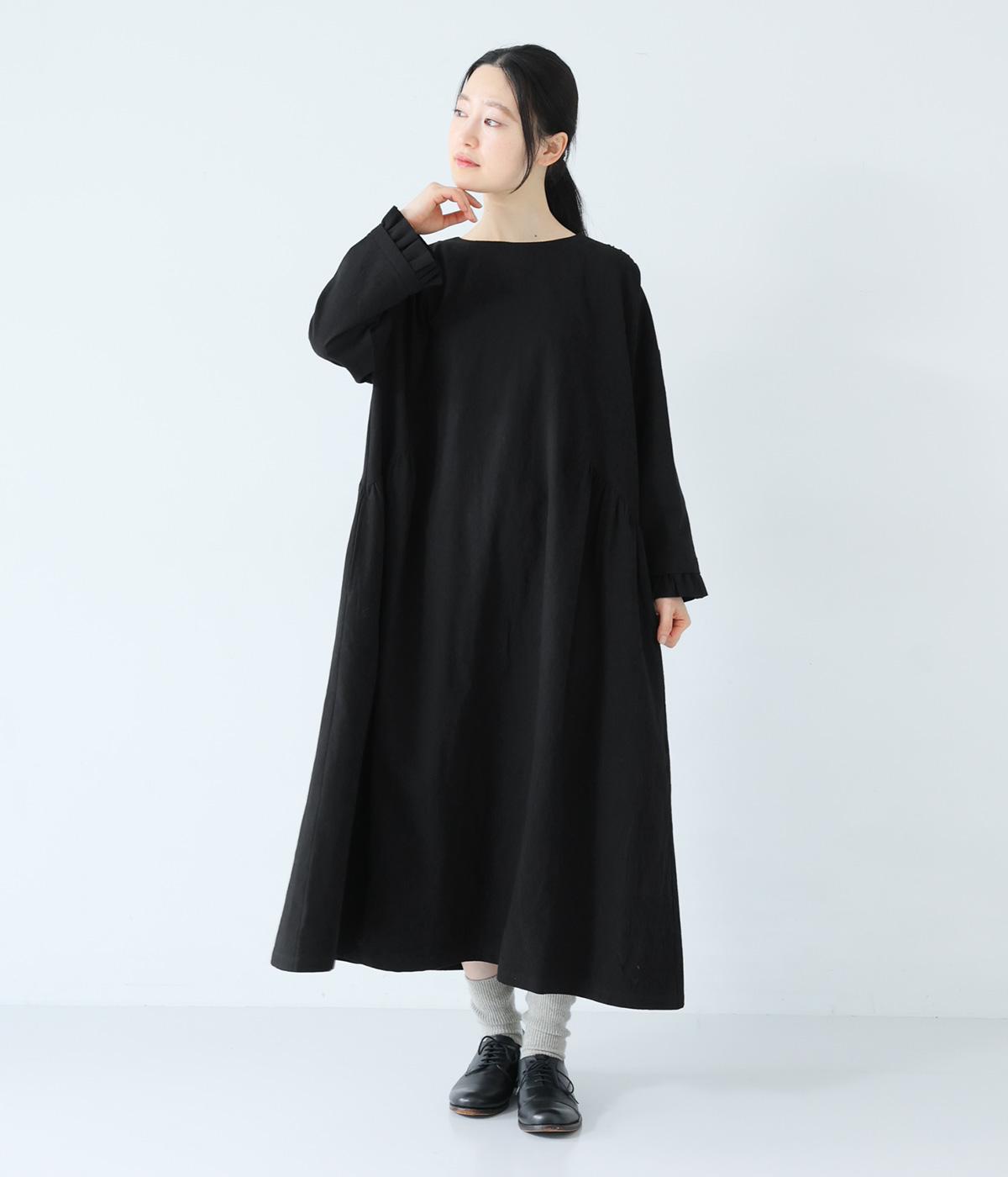 コットンリネン袖フリルギャザーワンピース(ブラック-F)