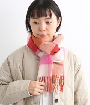 洗えるウール チェックマフラー(レッド-F)