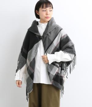 トグル釦ギャザーチェックポンチョ(グレー-F)