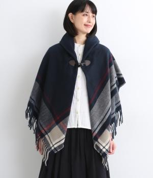 トグル釦ギャザーチェックポンチョ(ネイビー-F)