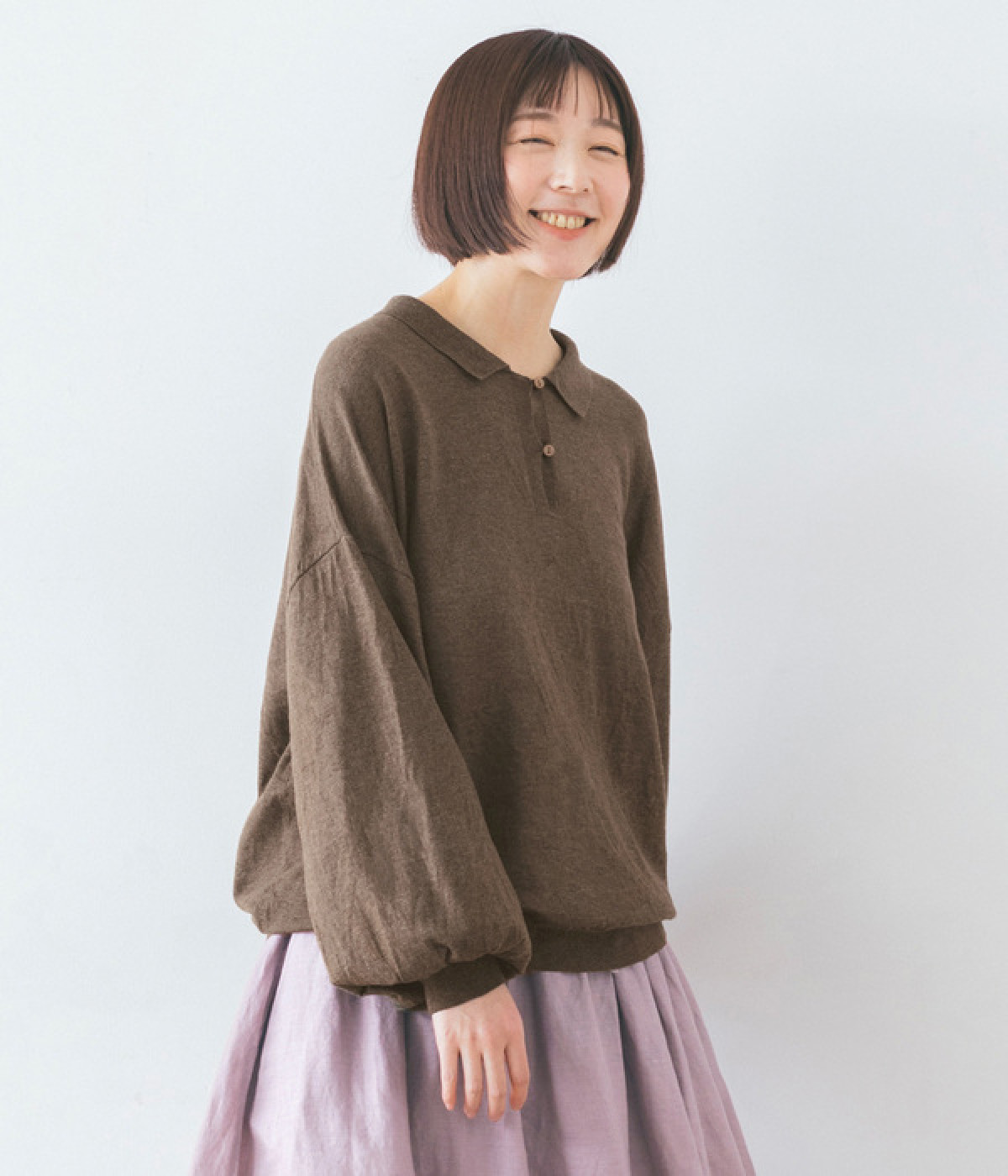 ボリューム袖ニットポロシャツ(ブラウン-ONESIZE)