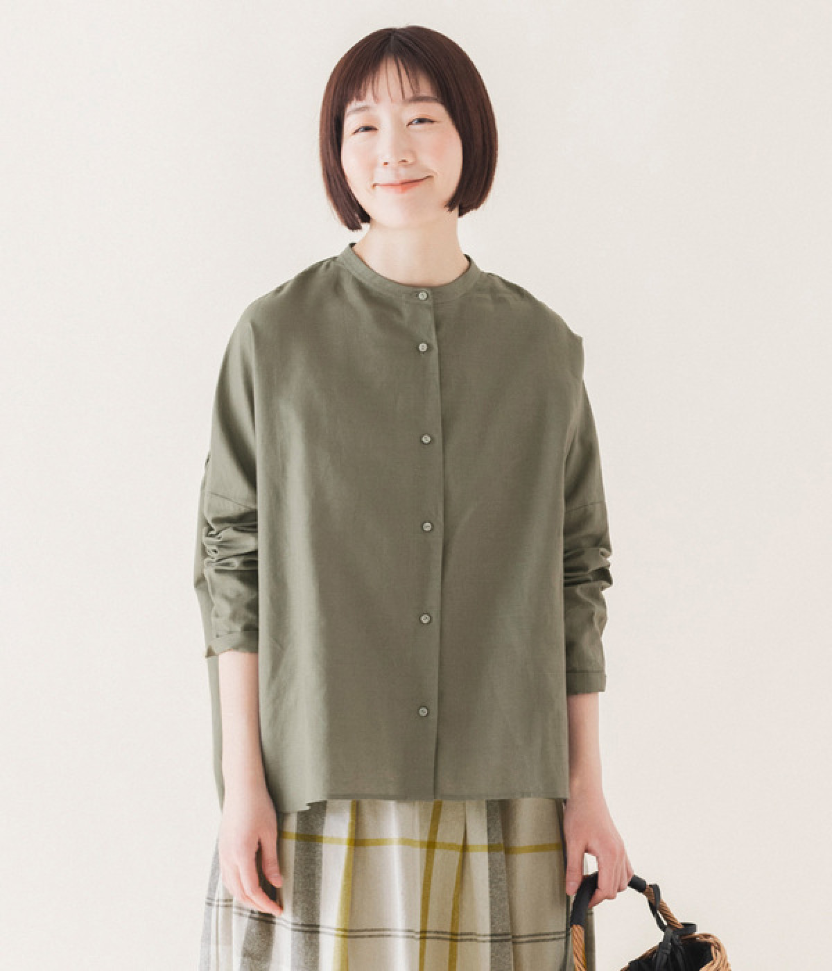 コットンリネン　ギャザーワイドブラウス(カーキ-ONESIZE)