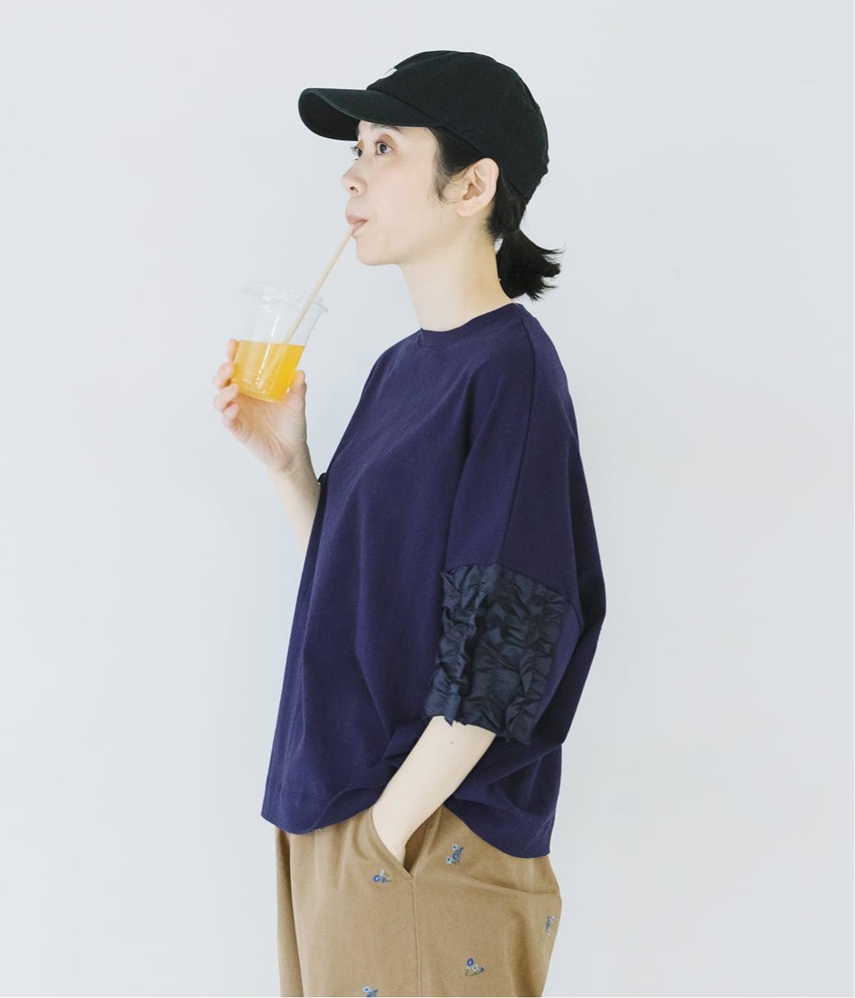 着るだけでサマになる　フリル5分袖Tシャツ(ネイビー-F)