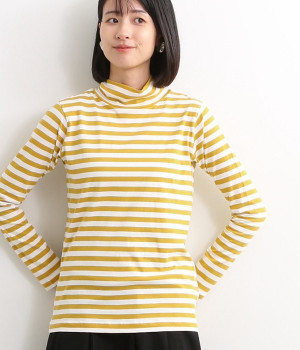 オーガニックコットンハイネックTシャツ(イエロー×オフホワイト-L)