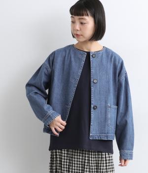 9オンスコットンデニムノーカラージャケット(ブルー-F)
