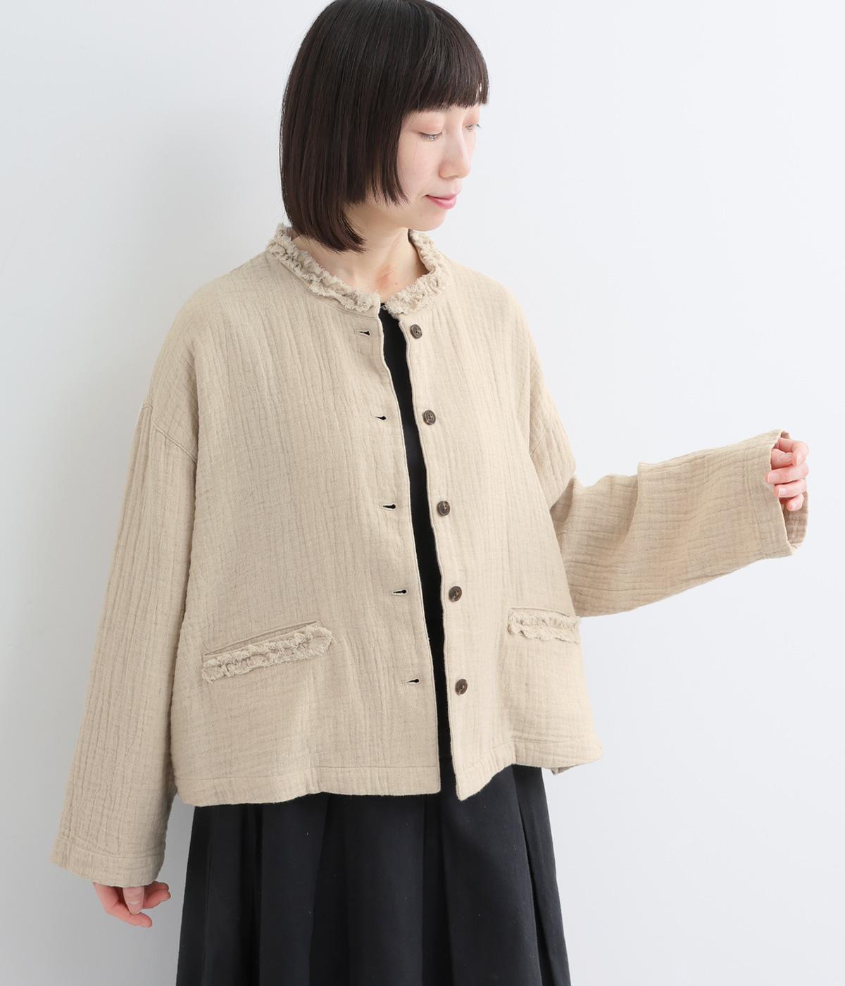コットンリネン接結ガーゼフリルジャケット(リネンベージュ-F)