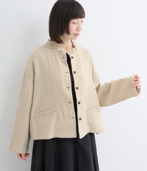 コットンリネン接結ガーゼフリルジャケット(リネンベージュ-F)