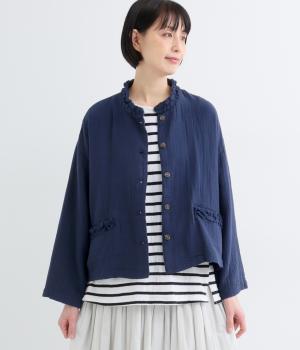 コットンリネン接結ガーゼフリルジャケット(ネイビー-F)