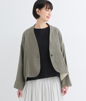コットンリネン接結ガーゼローブジャケット(カーキ-F)