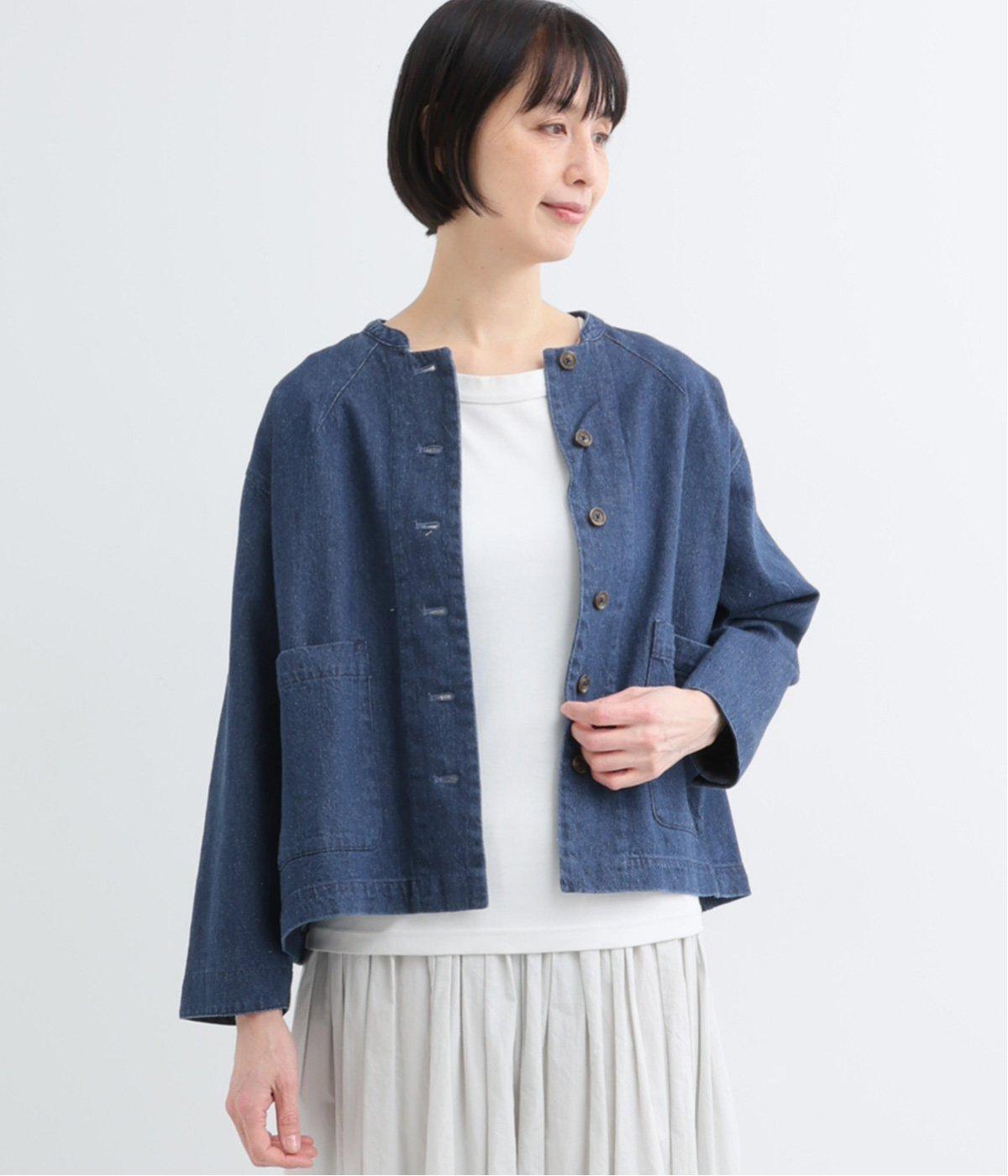 コットンリネン デニムバンドカラージャケット(ブルー-F)