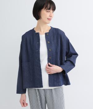 コットンリネン デニムバンドカラージャケット(インディゴ-F)