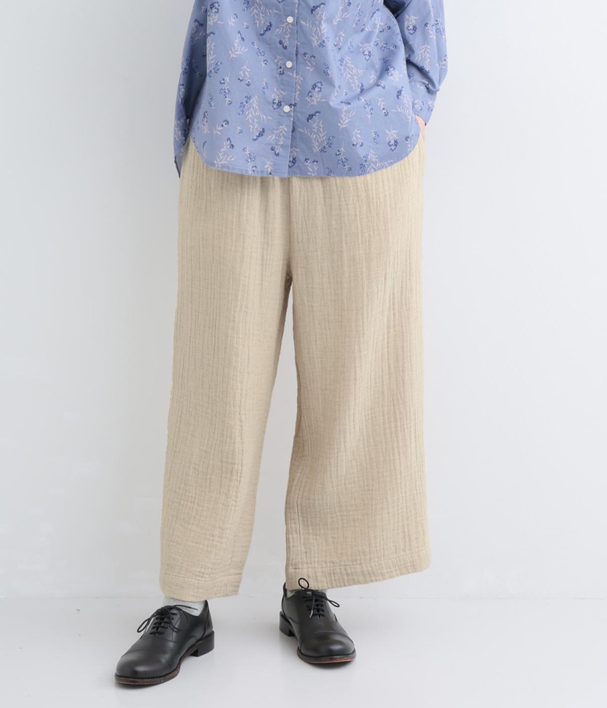 コットンリネン接結ガーゼアンクル丈ワイドパンツ(リネンベージュ-F)