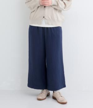 コットンリネン接結ガーゼアンクル丈ワイドパンツ(ネイビー-F)