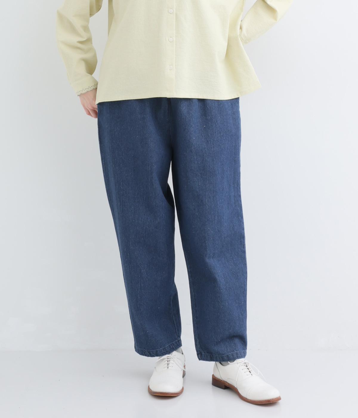 コットンリネン ウエストゴムデニムバルーンパンツ(ブルー-F)
