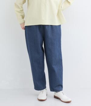 コットンリネン ウエストゴムデニムバルーンパンツ(ブルー-F)
