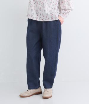 コットンリネン ウエストゴムデニムバルーンパンツ(インディゴ-F)