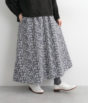 コットンローン花柄プリント ウエストギャザーフレアスカート(ネイビー×オフ-ONESIZE)