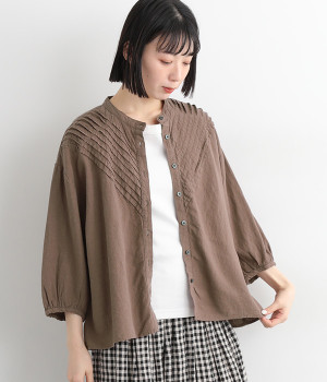 リネンレーヨン ランタンスリーブブラウス(ブラウン-ONESIZE)