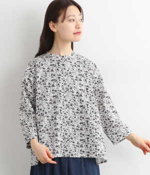 コットンローン花柄プリント ミニスタンド襟前後差ブラウス(オフ×クロ-ONESIZE)