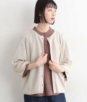 リネンブレンドニット ボリューム袖カーディガン(ベージュ-ONESIZE)