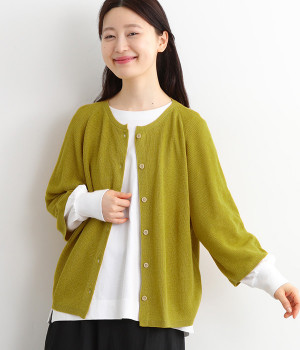 リネンブレンドニット ボリューム袖カーディガン(イエロー-ONESIZE)