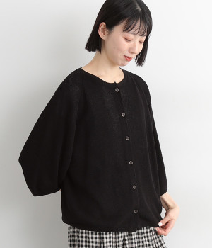 リネンブレンドニット ボリューム袖カーディガン(ブラック-ONESIZE)