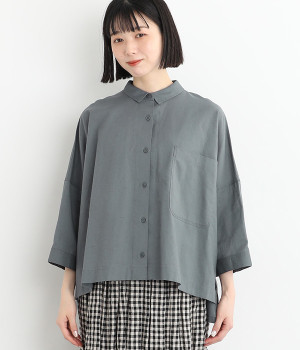 コットンリネン ポケ付きワイドシャツ(ネイビー-ONESIZE)