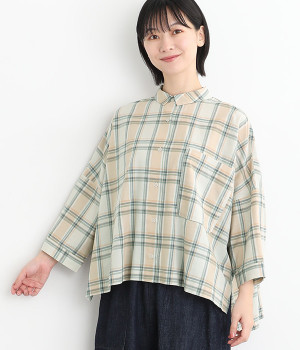 コットンリネン ポケ付きワイドシャツ(ベージュチェック-ONESIZE)