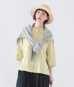 14番手リネン バンドカラー七分袖ブラウス(イエロー-ONESIZE)